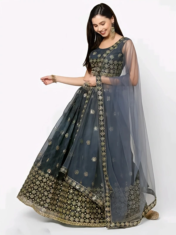 Net Lehenga with Choli and Dupatta - Cape Cod, Semi Stitched, Free
