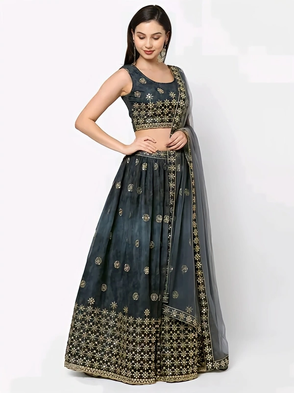 Net Lehenga with Choli and Dupatta - Cape Cod, Semi Stitched, Free