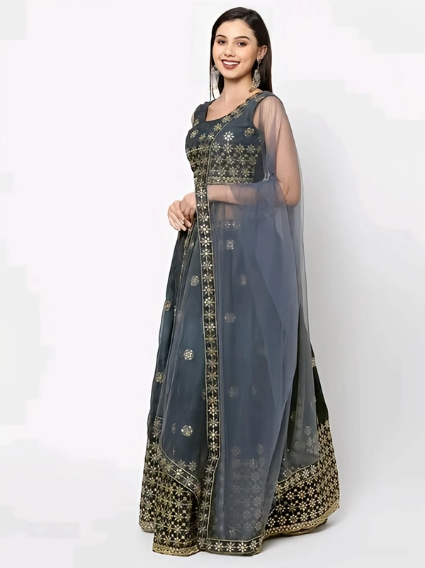 Net Lehenga with Choli and Dupatta - Cape Cod, Semi Stitched, Free