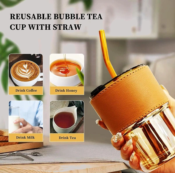 Reusable Sipper Bottle with Leather Sleeve Glass Coffee Mug with Silicone Straw and Leakproof Lid Tumbler Pack of 1 for Coffee,Tea, Milk Beverages 