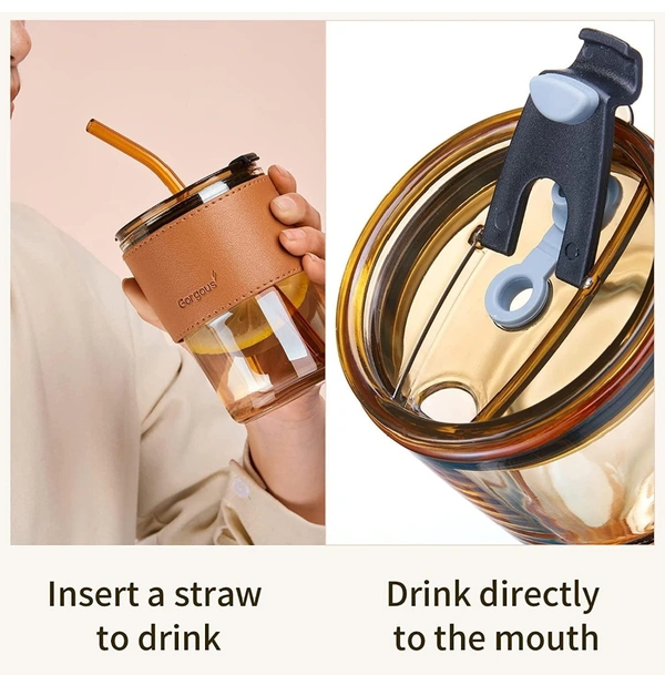 Reusable Sipper Bottle with Leather Sleeve Glass Coffee Mug with Silicone Straw and Leakproof Lid Tumbler Pack of 1 for Coffee,Tea, Milk Beverages 