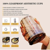 Reusable Sipper Bottle with Leather Sleeve Glass Coffee Mug with Silicone Straw and Leakproof Lid Tumbler Pack of 1 for Coffee,Tea, Milk Beverages 