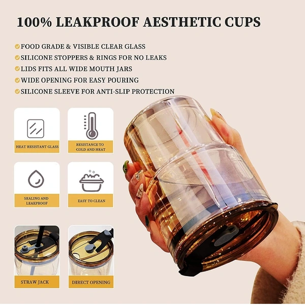 Reusable Sipper Bottle with Leather Sleeve Glass Coffee Mug with Silicone Straw and Leakproof Lid Tumbler Pack of 1 for Coffee,Tea, Milk Beverages 