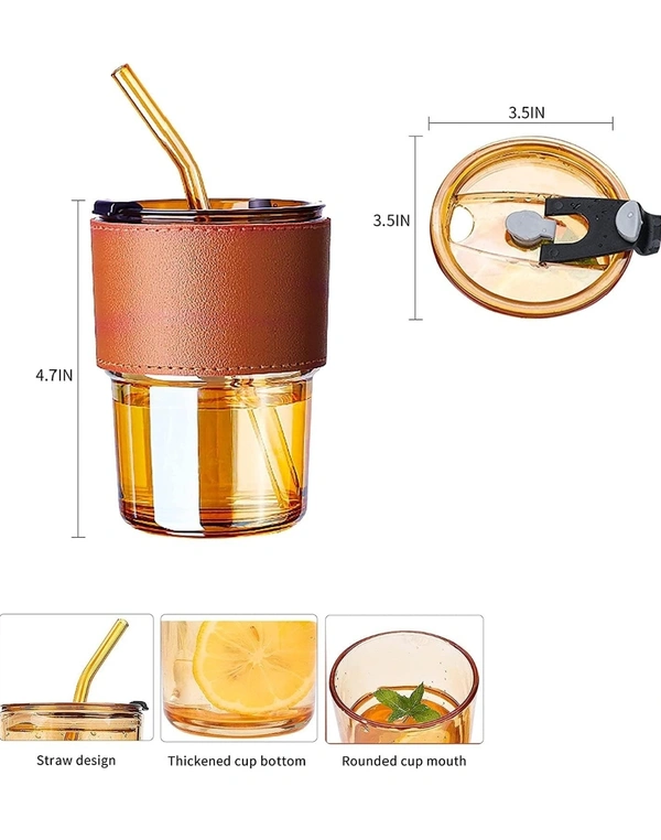 Reusable Sipper Bottle with Leather Sleeve Glass Coffee Mug with Silicone Straw and Leakproof Lid Tumbler Pack of 1 for Coffee,Tea, Milk Beverages 