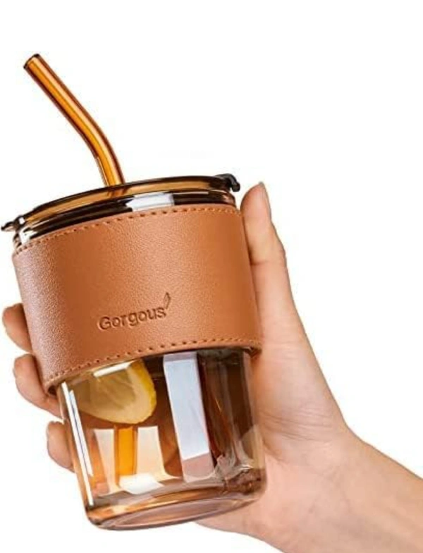 Reusable Sipper Bottle with Leather Sleeve Glass Coffee Mug with Silicone Straw and Leakproof Lid Tumbler Pack of 1 for Coffee,Tea, Milk Beverages 