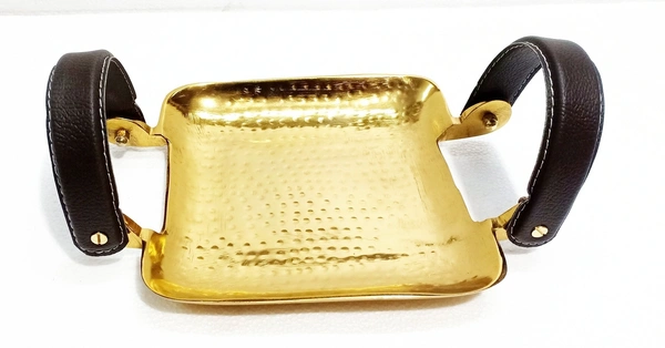 Sold By ZAIN R CREATION Hammered Square Tray with Leather Handles - L.9.5'' W.7''