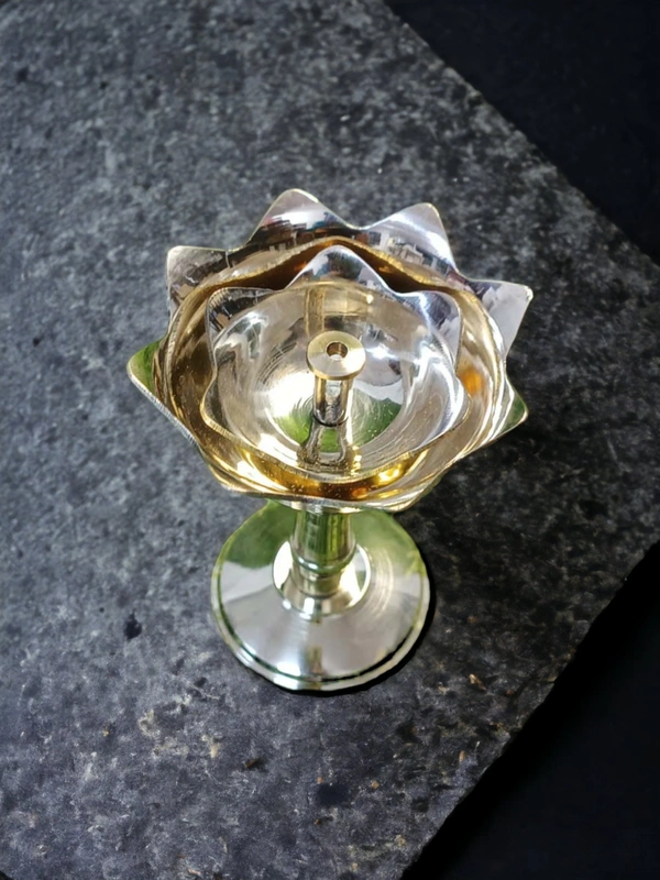 Sold By ZAIN R CREATION Brass Decorative Lotus Stand Diya - H.4.5'' Dia.3'' B.2.5''