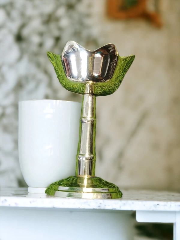 Sold By ZAIN R CREATION Brass Decorative Lotus Stand Diya - H.4.5'' Dia.3'' B.2.5''