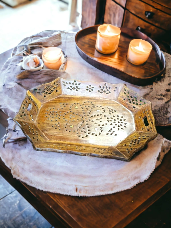 Sold By ZAIN R CREATION Tray Brass Inlay  - L.12.5'' W.8.5'' H.1.5'', Natural Polish, Wooden
