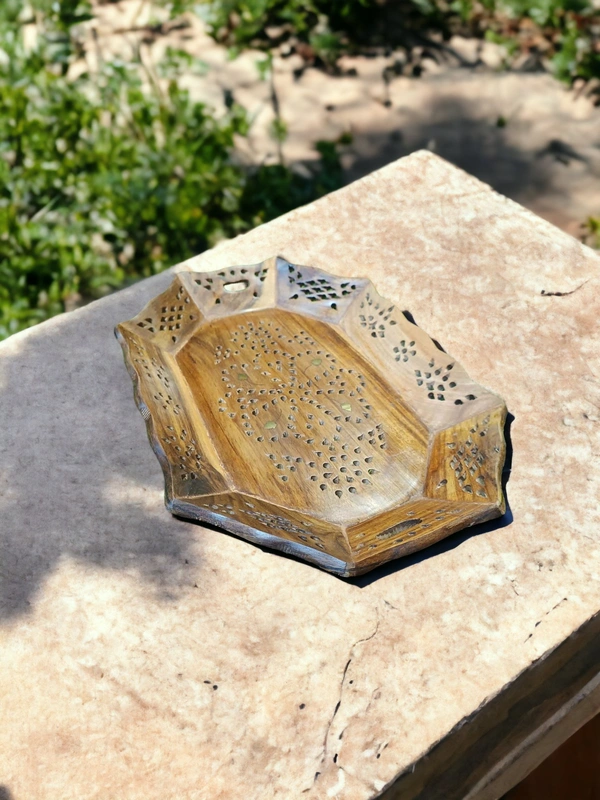 Sold By ZAIN R CREATION Tray Brass Inlay  - L.12.5'' W.8.5'' H.1.5'', Natural Polish, Wooden