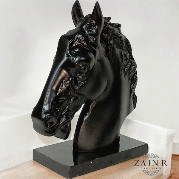Sold By Zain R Creation Horse Head On Marble Base - H.9.5'' L.7.5'', Black, Aluminium