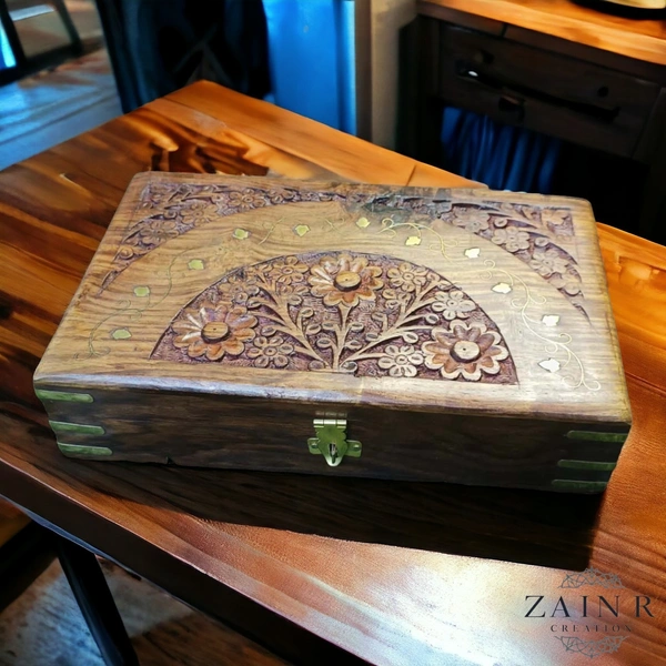 Sold By ZAIN R CREATION Jewellery Box Carving with Brass Inlay - 