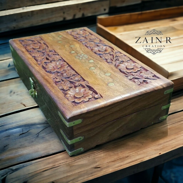 Sold By ZAIN R CREATION Jewellery Box Carving with Brass Inlay - 