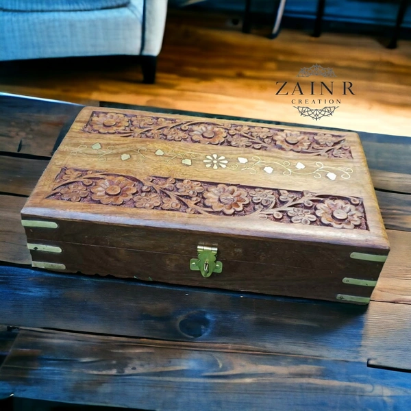 Sold By ZAIN R CREATION Jewellery Box Carving with Brass Inlay - 