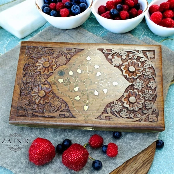 Sold By ZAIN R CREATION  Jewellery Box Carving with Brass Inlay - 