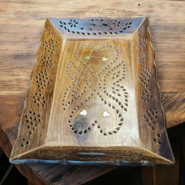 Sold By ZAIN R CREATION Tray Brass Inlay  - L.12.5'' W.9'' H.1.5'', Natural Polish, Wooden