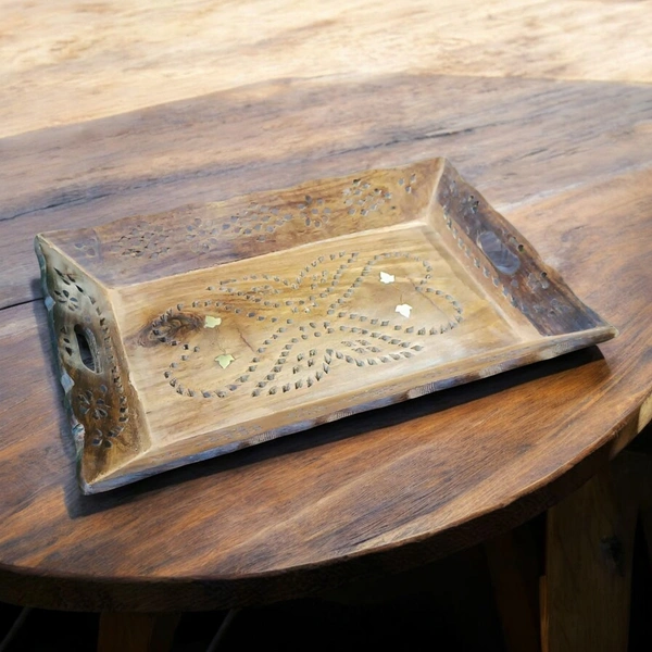 Sold By ZAIN R CREATION Tray Brass Inlay  - L.12.5'' W.9'' H.1.5'', Natural Polish, Wooden