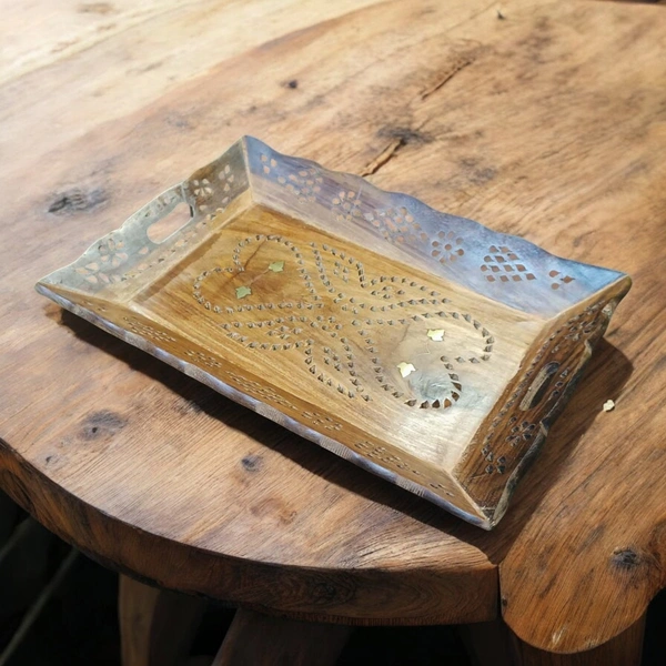 Sold By ZAIN R CREATION Tray Brass Inlay  - L.12.5'' W.9'' H.1.5'', Natural Polish, Wooden