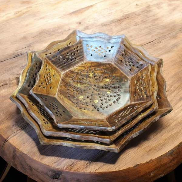 Sold By ZAIN R CREATION Tray Brass Inlay Hexagonal Set of 3 - (1) Dia.12'' H.1.5'' (2) Dia.11'' H.1.5'' (3) Dia.9.5'' H.1.5'', Natural Polish, Wooden