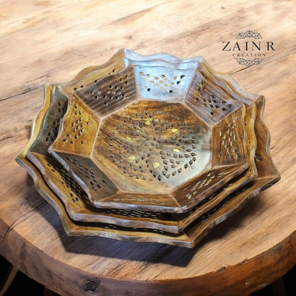 Sold By ZAIN R CREATION Tray Brass Inlay Hexagonal Set of 3 - (1) Dia.12'' H.1.5'' (2) Dia.11'' H.1.5'' (3) Dia.9.5'' H.1.5'', Natural Polish, Wooden