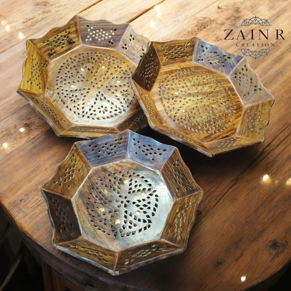 Sold By ZAIN R CREATION Tray Brass Inlay Hexagonal Set of 3 - (1) Dia.12'' H.1.5'' (2) Dia.11'' H.1.5'' (3) Dia.9.5'' H.1.5'', Natural Polish, Wooden