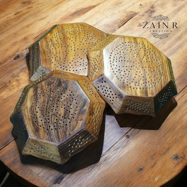Sold By ZAIN R CREATION Tray Brass Inlay Hexagonal Set of 3 - (1) Dia.12'' H.1.5'' (2) Dia.11'' H.1.5'' (3) Dia.9.5'' H.1.5'', Natural Polish, Wooden