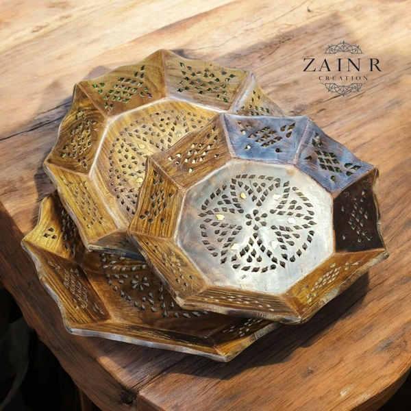 Sold By ZAIN R CREATION Tray Brass Inlay Hexagonal Set of 3 - (1) Dia.12'' H.1.5'' (2) Dia.11'' H.1.5'' (3) Dia.9.5'' H.1.5'', Natural Polish, Wooden