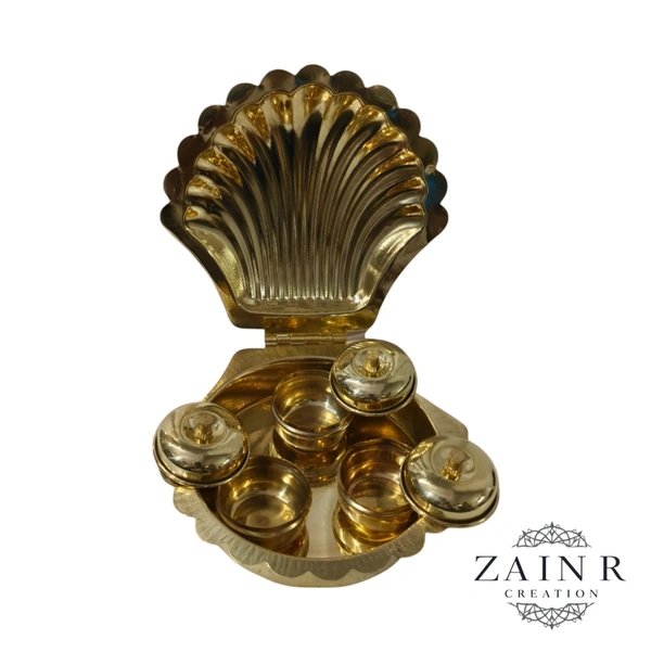 Sold By ZAIN R CREATION Shell Shaped Sindoor or Kumkum Pot with 3 Pots - W.4.72'' L.4.72'' H.1'', Brass