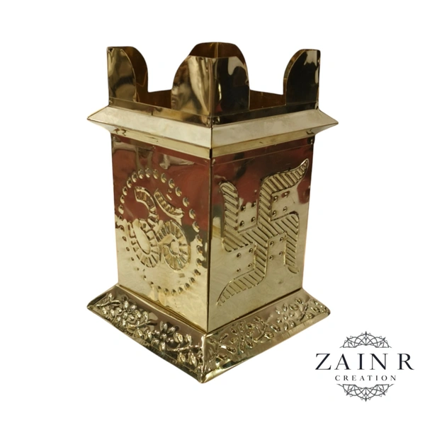 Sold By ZAIN R CREATION A Brass Tulsi Pot, also known as a Tulsi Kyara or Tulsi Maadam - H.7.5'' L.4'' B.5.5'', Brass