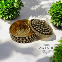 Sold By ZAIN R CREATION A Sindoor or Kumkum pot is a traditional container used to store sacred red powder - L.2.75'' H.1.57'', Brass