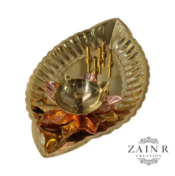 Sold By ZAIN R CREATION Plate with Diya and Incense Holder - L.6.88'' H.1.18'' W.4'', Brass