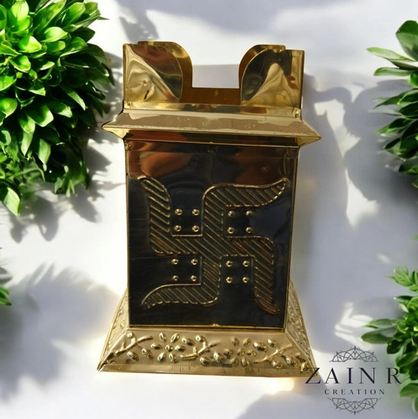 Sold By ZAIN R CREATION A Brass Tulsi Pot, also known as a Tulsi Kyara or Tulsi Maadam - H.7.5'' L.4'' B.5.5'', Brass