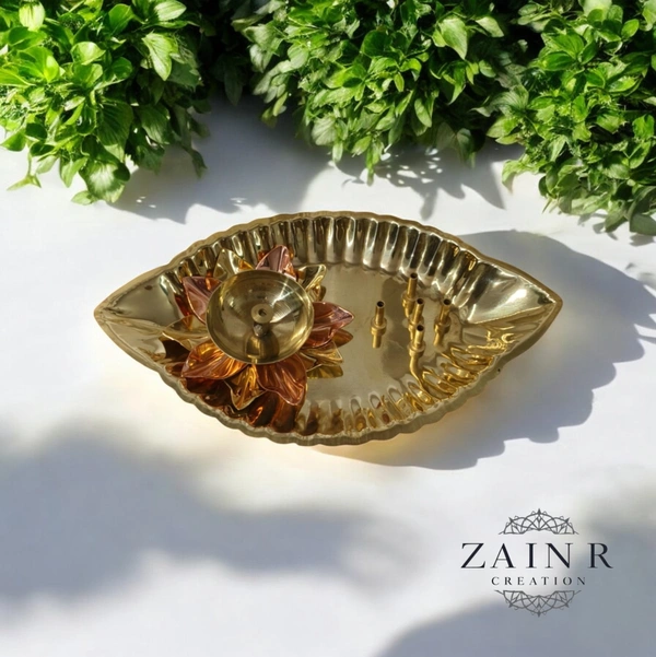Sold By ZAIN R CREATION Plate with Diya and Incense Holder - L.6.88'' H.1.18'' W.4'', Brass