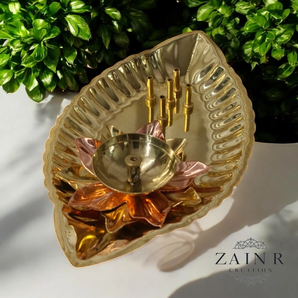Sold By ZAIN R CREATION Plate with Diya and Incense Holder - L.6.88'' H.1.18'' W.4'', Brass