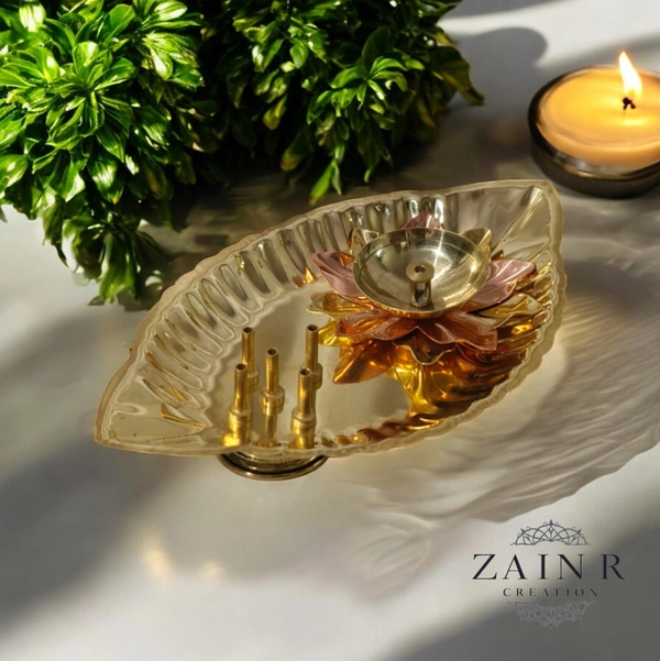 Sold By ZAIN R CREATION Plate with Diya and Incense Holder - L.6.88'' H.1.18'' W.4'', Brass