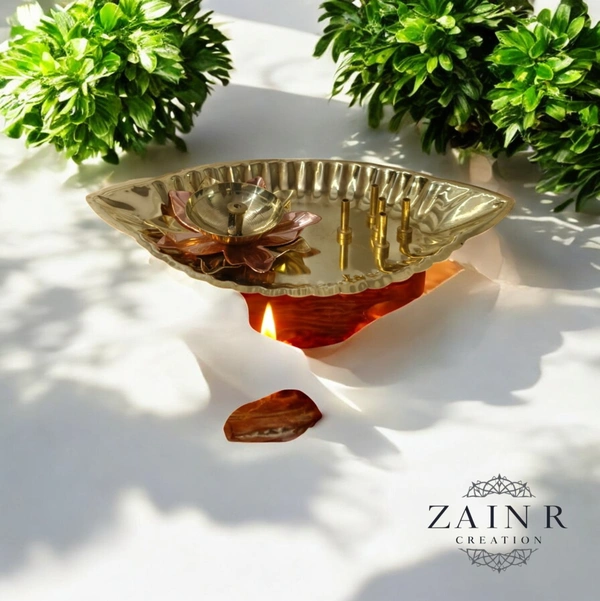 Sold By ZAIN R CREATION Plate with Diya and Incense Holder - L.6.88'' H.1.18'' W.4'', Brass