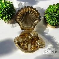 Sold By ZAIN R CREATION Shell Shaped Sindoor or Kumkum Pot with 3 Pots - W.4.72'' L.4.72'' H.1'', Brass