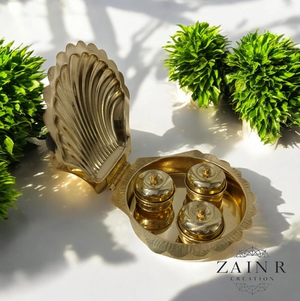 Sold By ZAIN R CREATION Shell Shaped Sindoor or Kumkum Pot with 3 Pots - W.4.72'' L.4.72'' H.1'', Brass