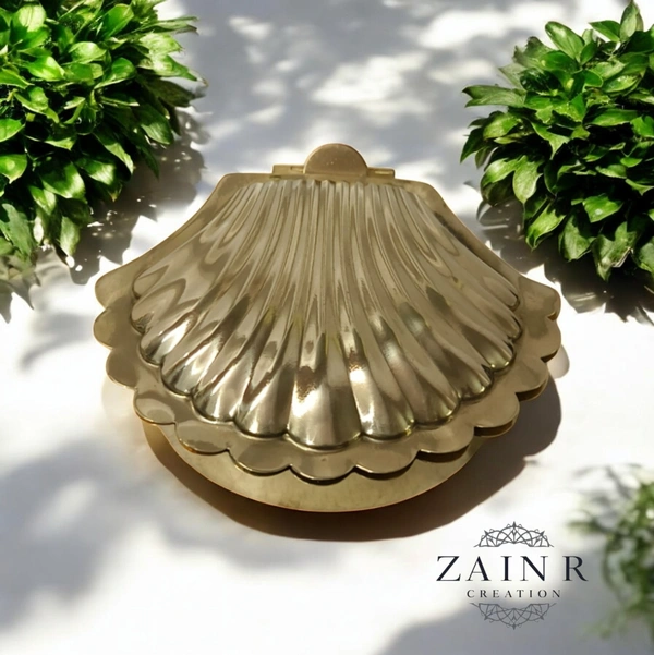 Sold By ZAIN R CREATION Shell Shaped Sindoor or Kumkum Pot with 3 Pots - W.4.72'' L.4.72'' H.1'', Brass