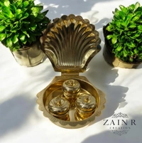 Sold By ZAIN R CREATION Shell Shaped Sindoor or Kumkum Pot with 3 Pots - W.4.72'' L.4.72'' H.1'', Brass