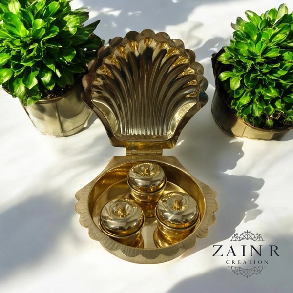 Sold By ZAIN R CREATION Shell Shaped Sindoor or Kumkum Pot with 3 Pots - W.4.72'' L.4.72'' H.1'', Brass
