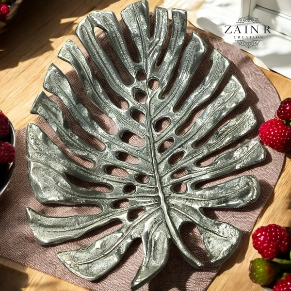 Sold By ZAIN R CREATION Tray Leaf - L.9'' H.1'' B.7'', Nickel, Aluminium