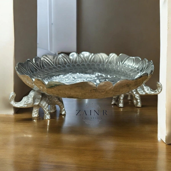 Sold By ZAIN R CREATION Elephant Urli - DIA.8'' H.2.5'', Nickel, Aluminium