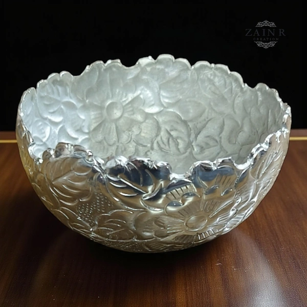 Sold By ZAIN R CREATION Embossed Dry Fruit Bowl - DIA.4'' H.2'' B.2.5'', Silver, Aluminium
