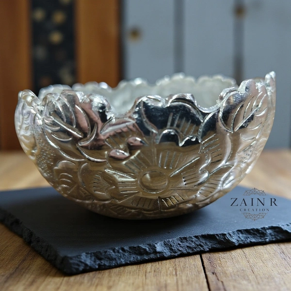Sold By ZAIN R CREATION Embossed Dry Fruit Bowl - DIA.4'' H.2'' B.2.5'', Silver, Aluminium