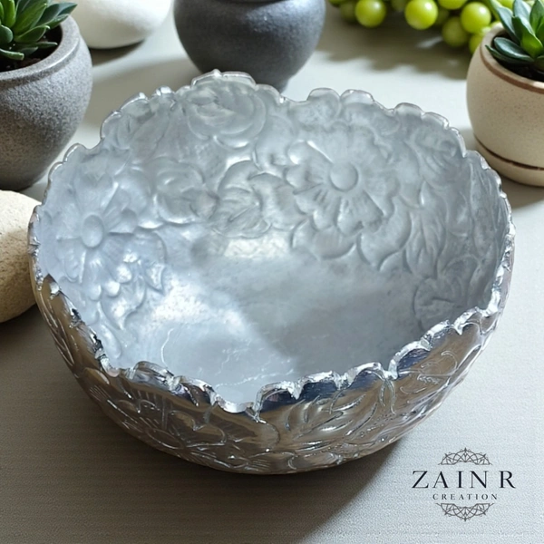 Sold By ZAIN R CREATION Embossed Dry Fruit Bowl - DIA.4'' H.2'' B.2.5'', Silver, Aluminium