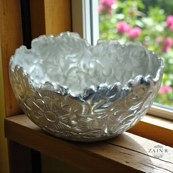 Sold By ZAIN R CREATION Embossed Dry Fruit Bowl - DIA.4'' H.2'' B.2.5'', Silver, Aluminium
