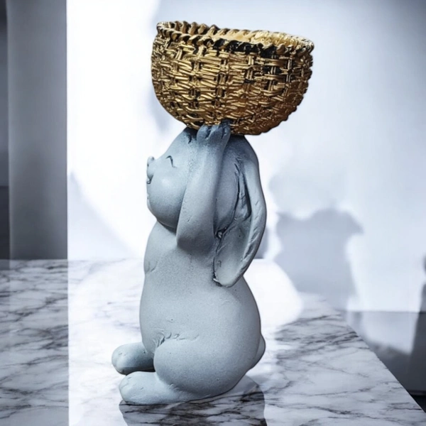 Sold By ZAIN R CREATION Rabbit With Basket - H.7.5'' L.3'' B.2'', Gray, Polyresin