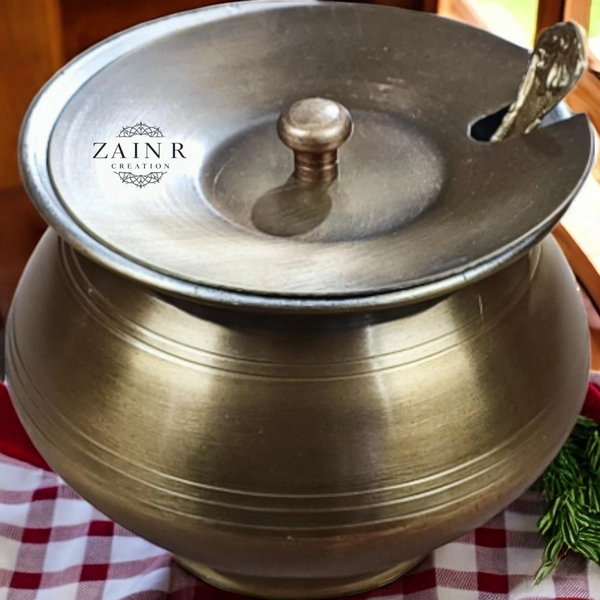 Sold By ZAIN R CREATION Ghee Pot with Spoon - H.8 cm Dia. 9 cm, Matt, Brass