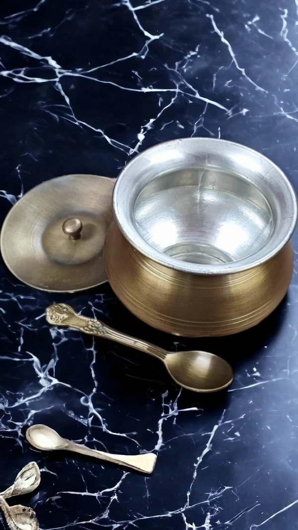 Sold By ZAIN R CREATION Ghee Pot with Spoon - H.8 cm Dia. 9 cm